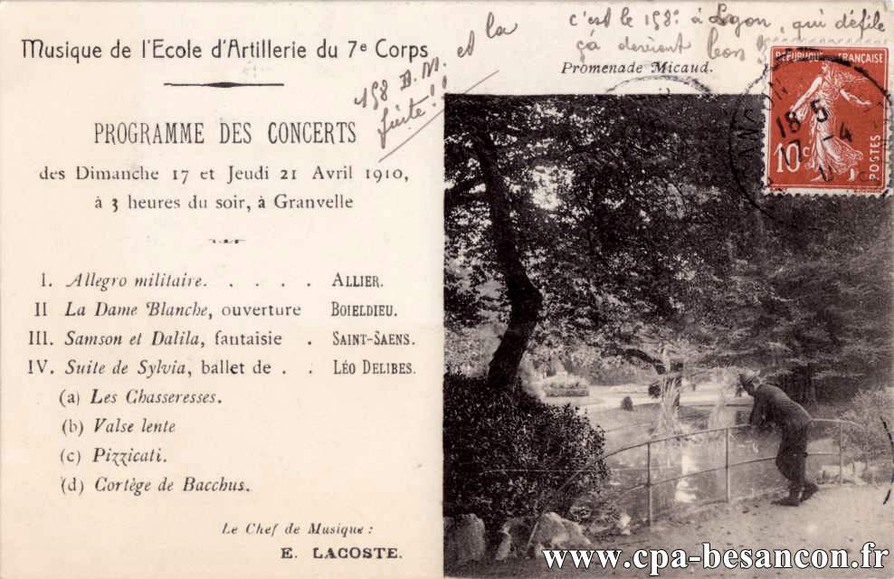 Musique de l'Ecole d'Artillerie du 7e Corps - Besançon - Promenade Micaud. Programme des Concerts des Dimanche 17 et Jeudi 21 Avril 1910, à Granvelle